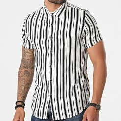 Promo ⌛ Chemise Manches Courtes A Rayures KD609 Blanc Noir de Zayne Paris 👍