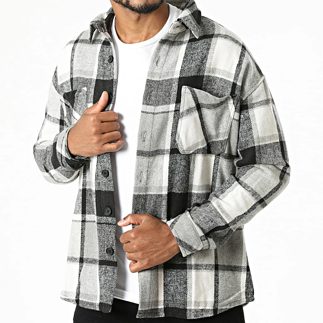 De gros ✨ Surchemise A Carreaux KD643 Gris Chiné Blanc de Zayne Paris 🎉 1 De gros ✨ Surchemise A Carreaux KD643 Gris Chiné Blanc de Zayne Paris 🎉