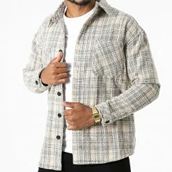 Promo 👏 Surchemise A Carreaux KD633 Beige Gris de Zayne Paris 💯
