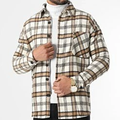 Grosses soldes 🎉 Surchemise A Carreaux KD638 Ecru Camel de Zayne Paris 👍