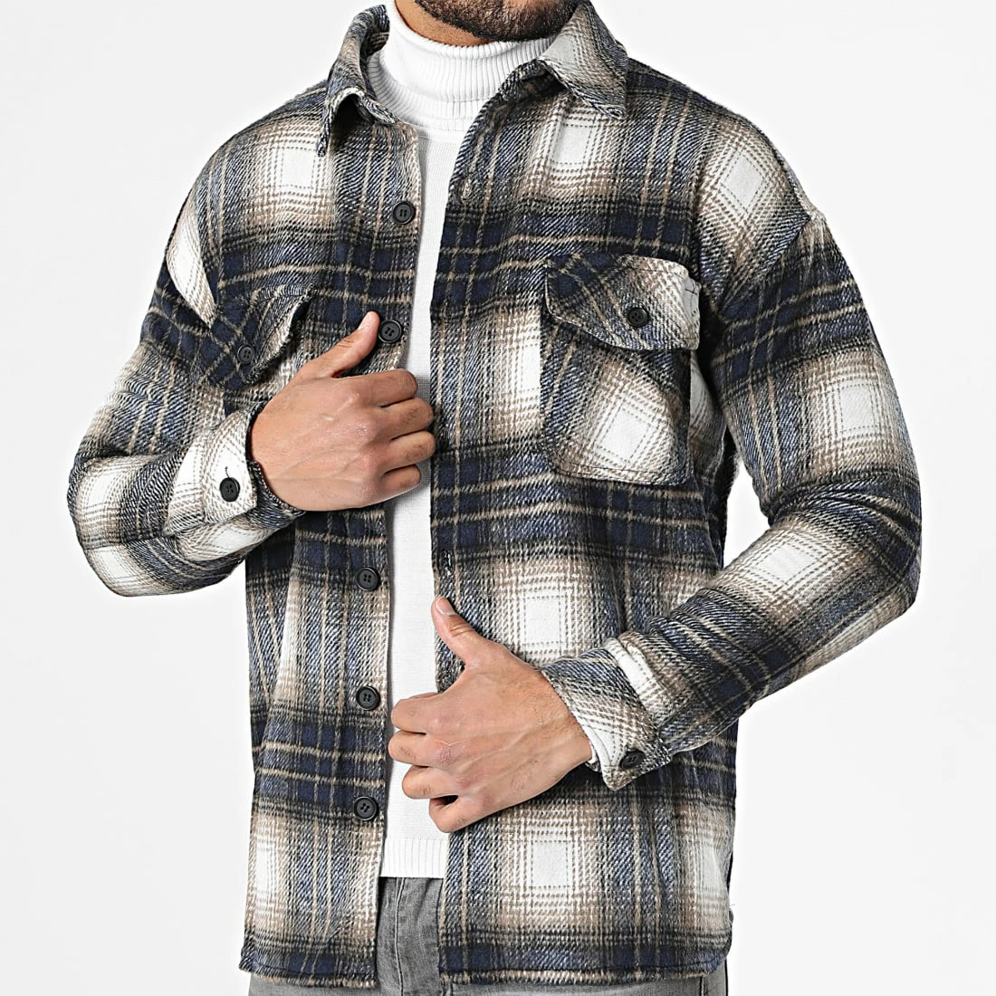 Budget 🧨 Surchemise A Carreaux KD630 Bleu Marine Beige de Zayne Paris 🎁 3 Budget 🧨 Surchemise A Carreaux KD630 Bleu Marine Beige de Zayne Paris 🎁 – Image 3