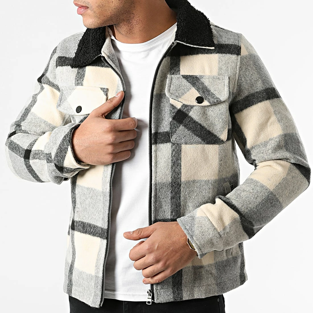 Meilleure affaire 💯 Surchemise A Carreaux KD657 Gris Beige de Zayne Paris 🔔 1 Meilleure affaire 💯 Surchemise A Carreaux KD657 Gris Beige de Zayne Paris 🔔