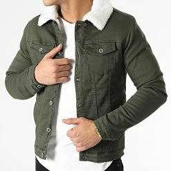 Le moins cher ✨ Veste Jean A Col Mouton ZVS-010 Vert Kaki de Zayne Paris ⭐