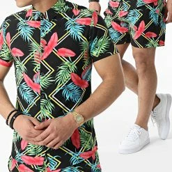 Meilleur prix 🥰 Ensemble Chemise A Manches Courtes Et Short Jogging KD736 Noir Floral de Zayne Paris ⌛