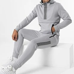 Promo 👏 Ensemble Veste Zippée Et Pantalon Jogging A Bandes E320 Gris de Zayne Paris ✨