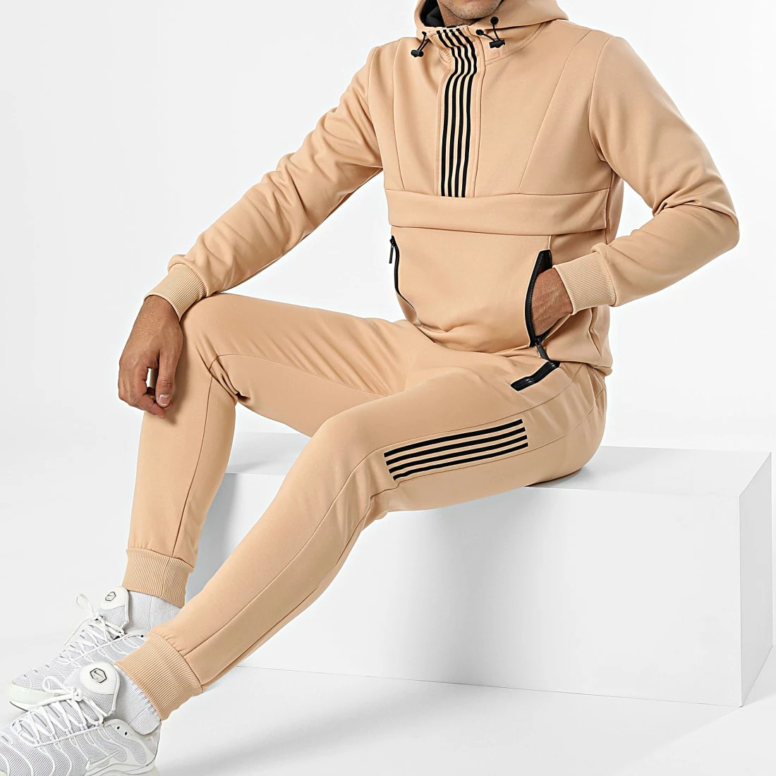 Nouveau 👏 Ensemble Veste Zippée Et Pantalon Jogging A Bandes E320 Beige de Zayne Paris ❤️ 1 Nouveau 👏 Ensemble Veste Zippée Et Pantalon Jogging A Bandes E320 Beige de Zayne Paris ❤️