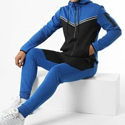 Meilleure vente ⌛ Ensemble Sweat Zippé Capuche Et Pantalon Jogging E-314 Noir Bleu Roi Réfléchissant de Zayne Paris ✨