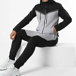 Tout neuf 💯 Ensemble Sweat Zippé Capuche Et Pantalon Jogging E-314 Gris Noir Réfléchissant de Zayne Paris 👍