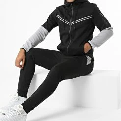 Vente flash 👏 Ensemble Sweat Zippé Capuche Et Pantalon Jogging E-315 Noir Réfléchissant de Zayne Paris 🌟